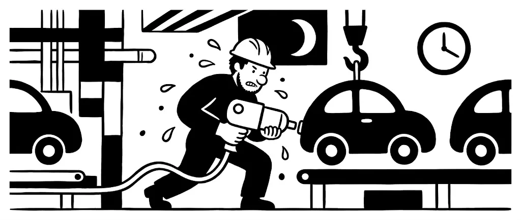 夜の車の組立ラインで、汗をかきながら工具を構えて踏ん張る男性
