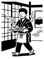 旅館でお膳を運ぶ男性