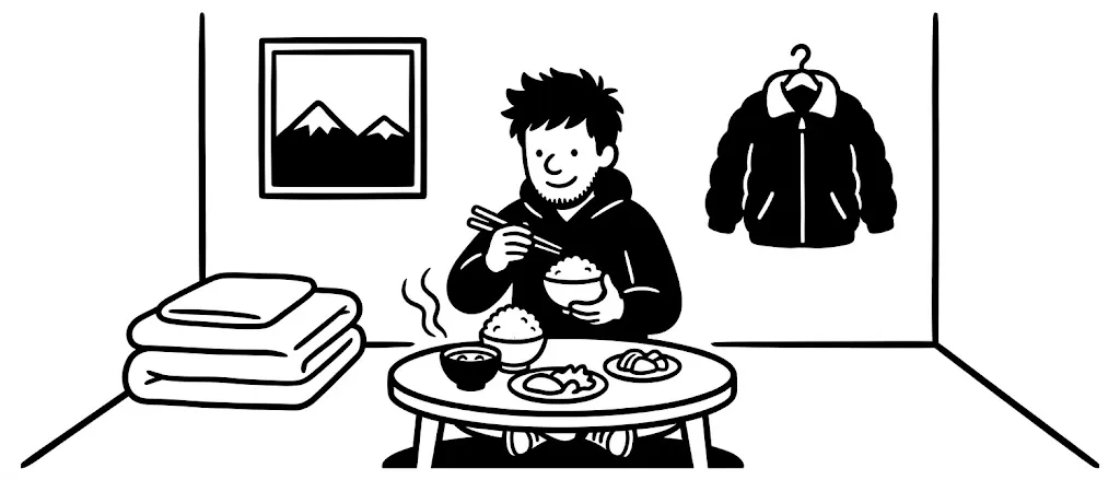 寮でまかないを食べる男性
