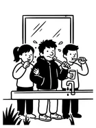 洗面所で同僚と肩が触れながら歯をみがく男性