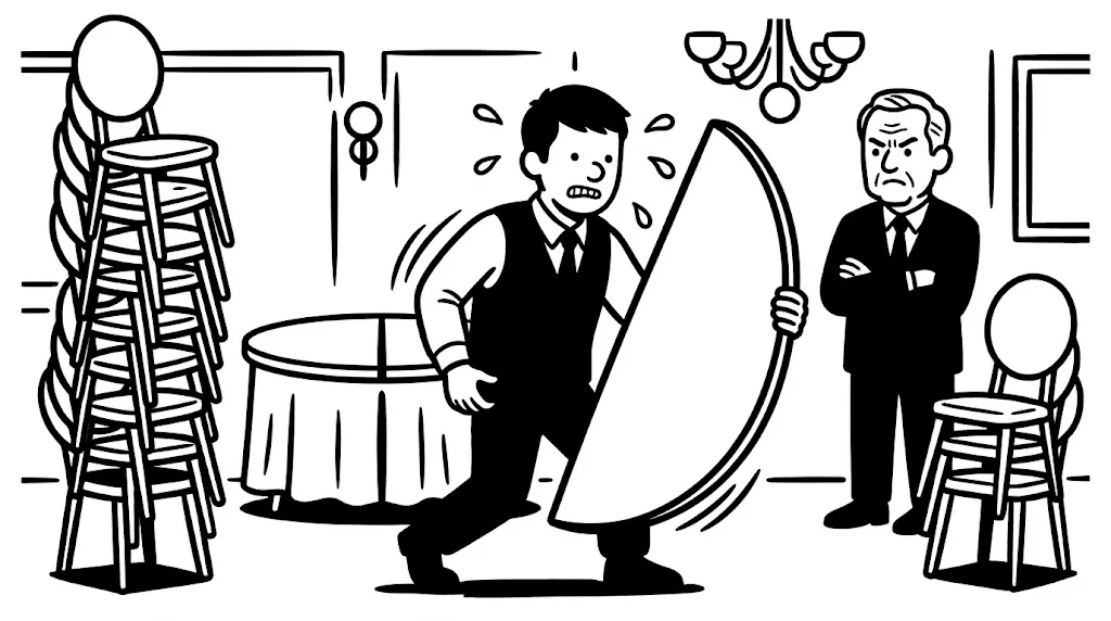 結婚式場で、半円のテーブルを一人で抱えて運ぶ若い男性と、腕を組んでにらむ上司