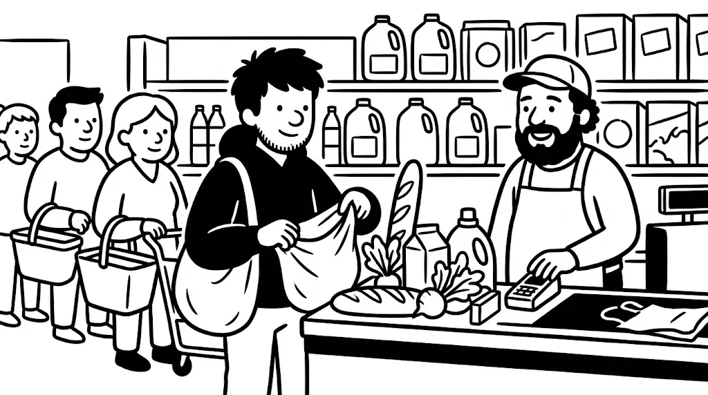 海外のスーパーのレジで、店員と笑って話しながらエコバッグに食料を詰める男性