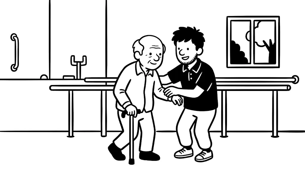 リハビリ室で、杖をついたおじいさんの歩く練習を支える男性
